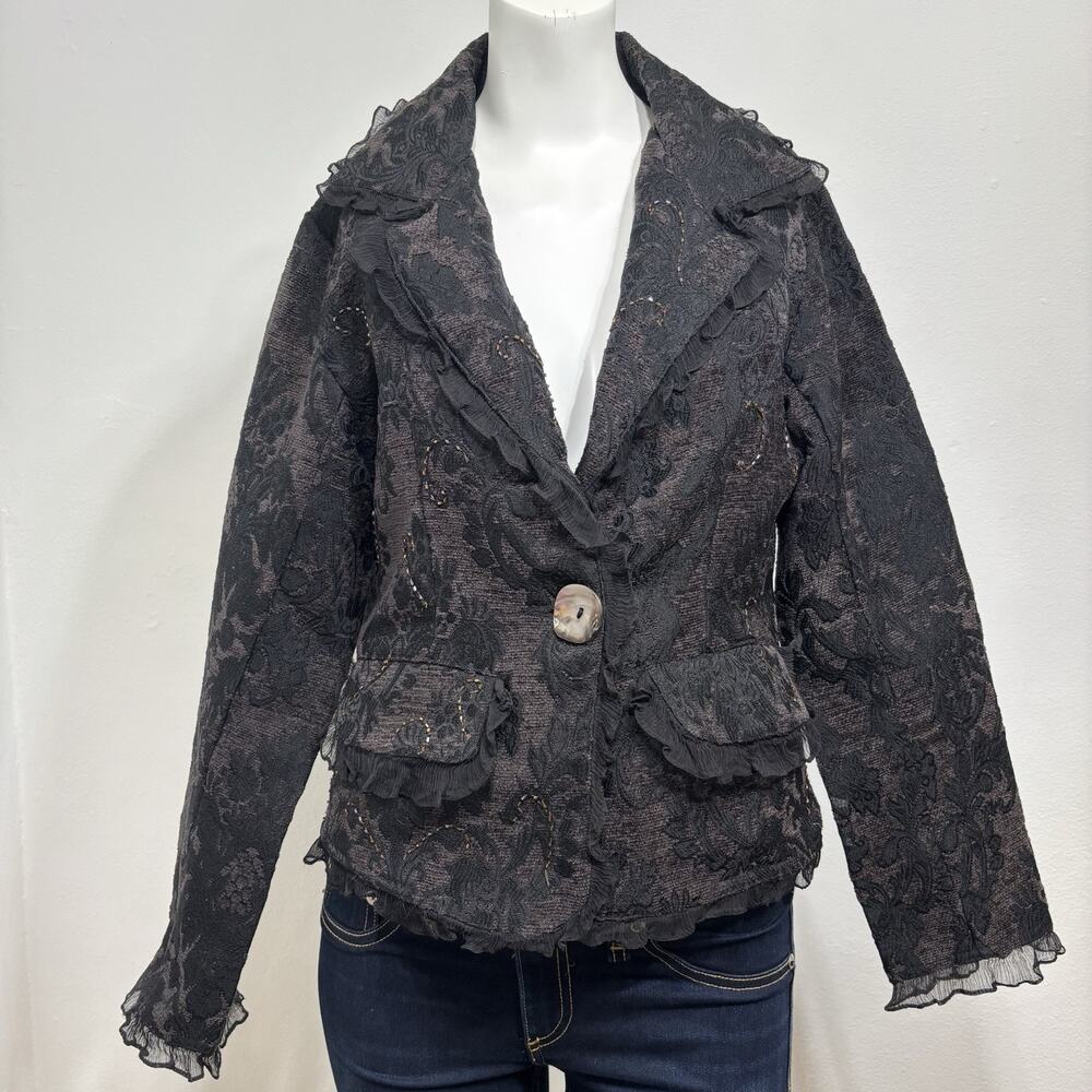 Beverlys Dark Lace Beaded‎ Blazer M One Button Witchy Whimsygoth Fairy Statement